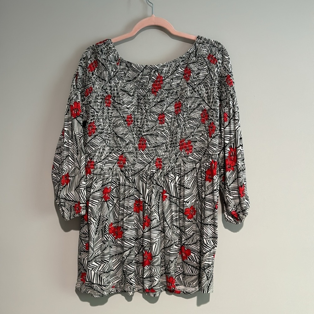 J. Jill Women’s Smocked 3/4 Sleeve Knit Top Black Palm Secret‎ Size Large - Picture 4 of 9